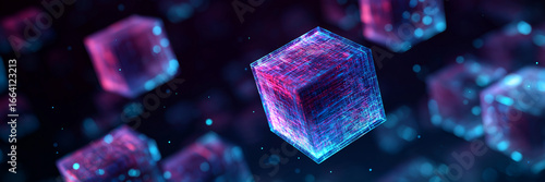 Abstract glowing geometric cube float fantasy pattern of neon light banner.