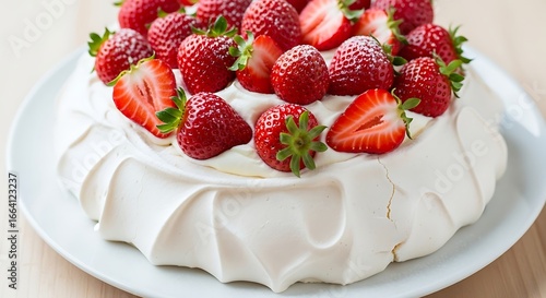 Delicious Strawberry Pavlova Dessert on White Plate.