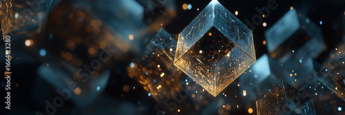Abstract glowing geometric cube float fantasy pattern of neon light banner.
