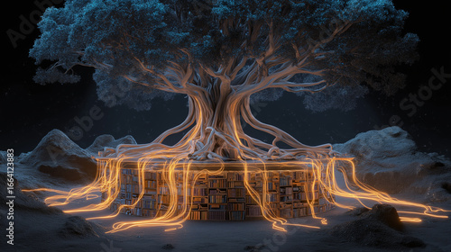 Giant tree glowing ethereal light sprawling root radiate energy.