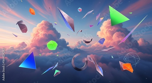 Dynamic Abstract Geometric Shapes Floating in Dreamy Sky.