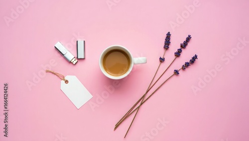 Coffee cup, USB drive, tag and lavender on pink background