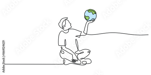 Earth day vector illustration concept. Continuous one line drawing a person holds an earth globe.