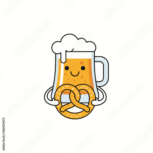 Cute cartoon beer mug with pretzel oktoberfest mascot vector illustration