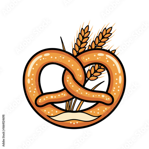 Fresh baked pretzel with wheat ears traditional oktoberfest food vector illustration