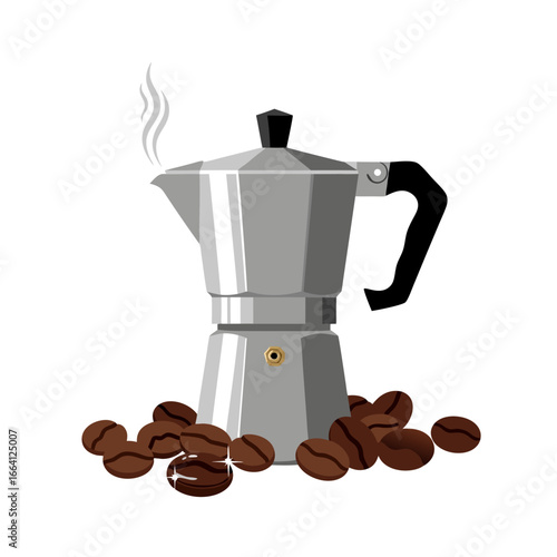 Moka pot coffee maker with roasted beans vector illustration for International Coffee Day