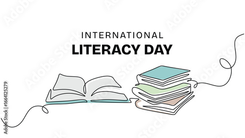 Hand drawn single line art of a book stack for a Literacy Day poster
