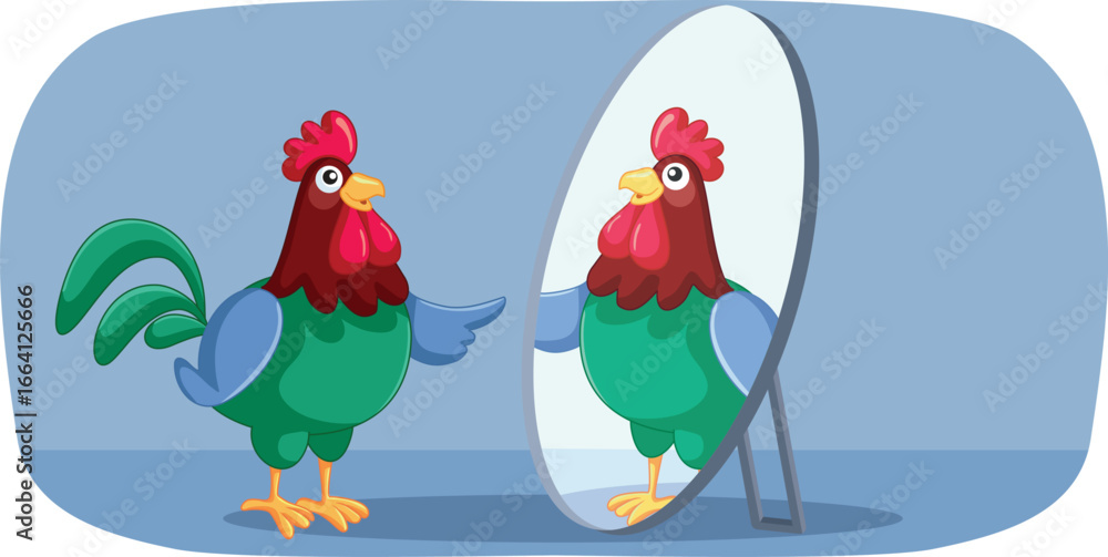 Naklejka premium Cocky Rooster Checking Himself in the Mirror Vector Cartoon. Funny masculine chicken feeling self-important and arrogant