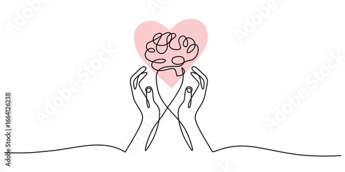 Hand Supporting Brain and Heart, One Line Drawing for Mental Health