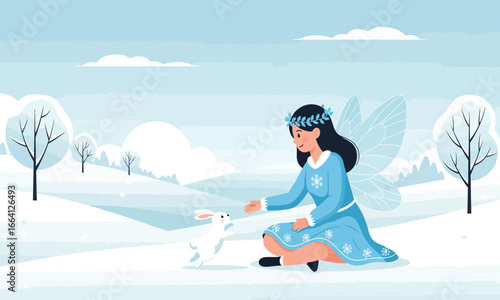 Cute Winter Fairy and Bunny A Christmas Illustration