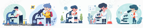 Flat Illustration Collection of Scientist Character Using a Microscope in Laboratory