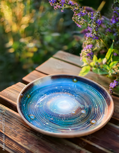 A cosmic plate placed on an outdoor wooden picnic table surrounded by green plants and flowers. Soft natural daylight, pastel tones, gentle breeze atmosphere. The plate glows with a miniature universe