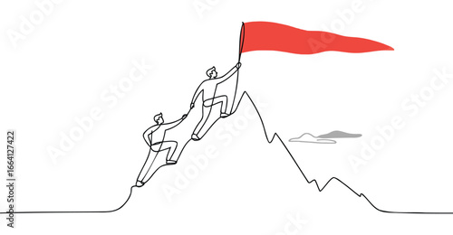 Minimalist continuous line drawing of two climbers reaching mountain peak with red flag, symbolizing teamwork, success, and achievement