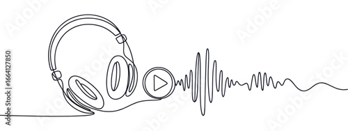 Minimalist continuous line drawing of headphones with sound wave and play button, symbolizing music, audio, entertainment, and creativity