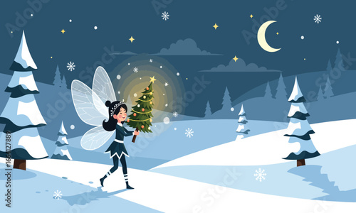 A cute fairy with shimmering wings, carefully carrying a glowing Christmas tree through a serene winter wonderland at night, embodying the magical spirit of Christmas