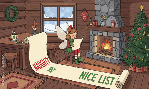 Cute winter fairy reading the naughty and nice Christmas list by the fireplace