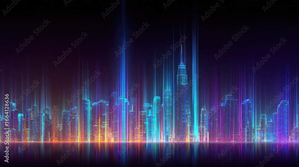 Futuristic Cityscape Illustration with Vibrant Neon Lights and Reflections, Perfect for Modern Design Projects Futuristic Cityscape Illustration with Vibrant Neon Lights and Reflections, Perfect for Modern Design Projects