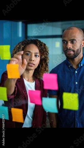 Diverse colleagues collaborating on sticky notes on glass