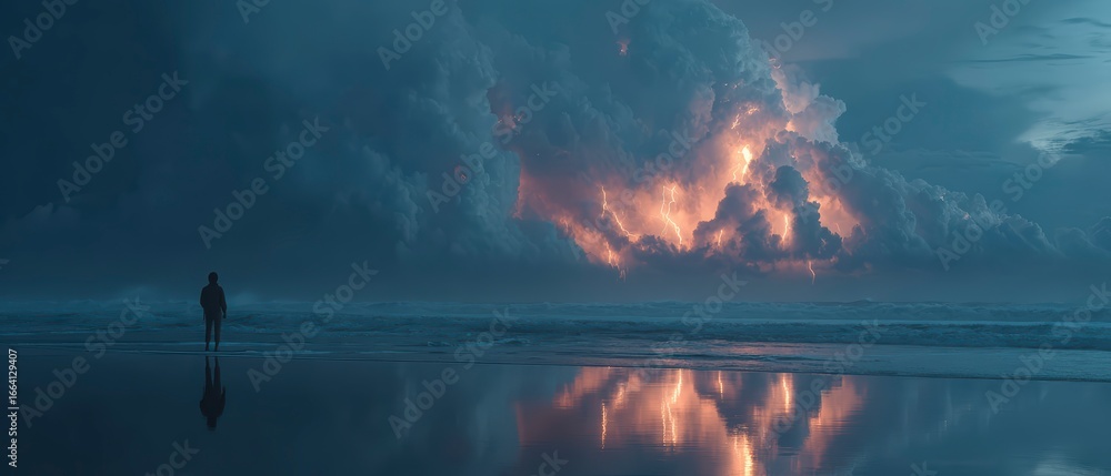 Fototapeta premium Solitary Figure on Beach with Dramatic Storm Clouds and Reflection