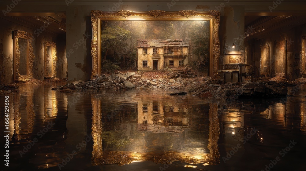 Fototapeta premium Abandoned Art Gallery with Water Reflection and Ruined Structure