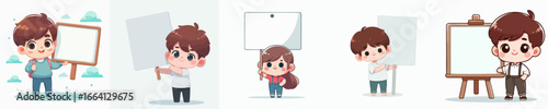 Cute Cartoon Style Little People Holding Empty Signboard Message Board Characters