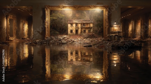 Abandoned Art Gallery with Water Reflection and Ruined Structure