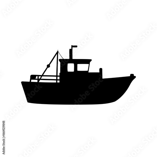 Silhouette of a commercial fishing boat sailing on the water towards the sea
