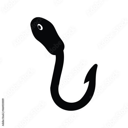 Simple black illustration of a fishing hook with an eyelet on top