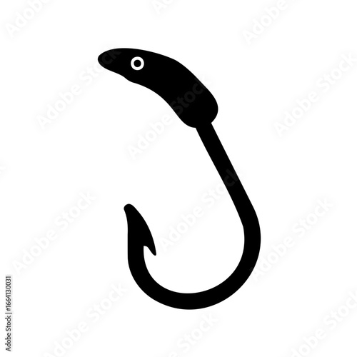 Stylized black fishing hook with eye bait isolated on white background