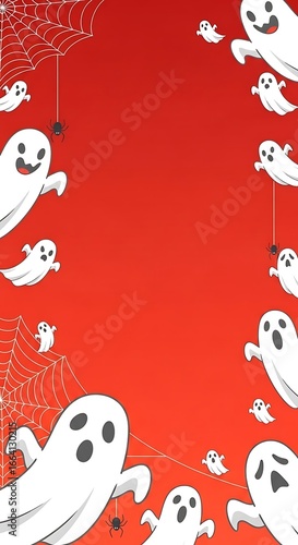 A vertical Halloween banner featuring a frame of cute cartoon ghosts, spooky spiderwebs, and little spiders on a vibrant red background design