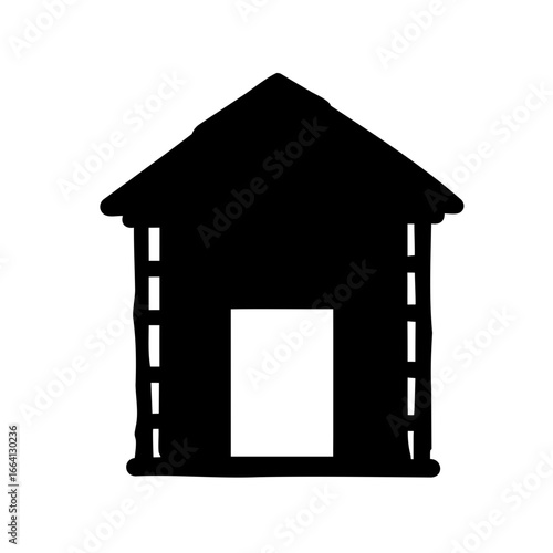 A black silhouette drawing of a simple timber framed house with a doorway