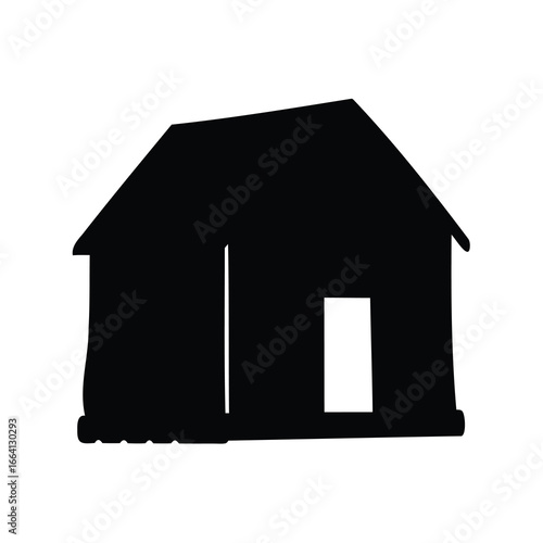 Silhouette of a slightly crooked rural house or cabin with a door