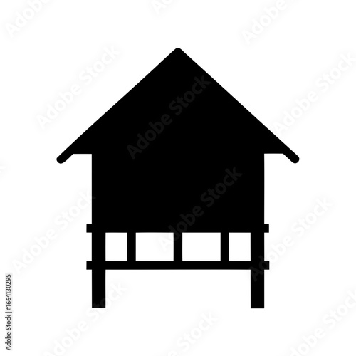 Minimalist black silhouette of a stilt house architecture with traditional roof