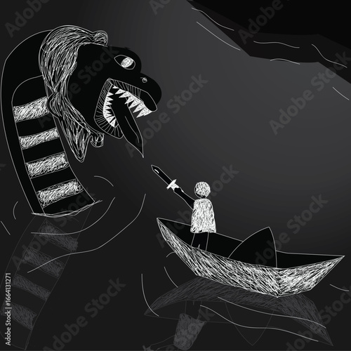 A lone figure in a paper boat bravely confronts a giant sea serpent in a dark, stylized black and white illustration.
