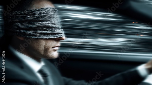 Blindfolded Man Driving Fast in Motion Blur Concept of Risk