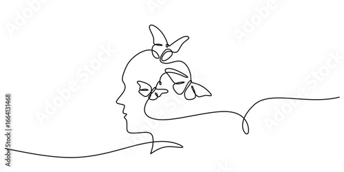 Minimalist Line Art of Butterfly Release from Human Head