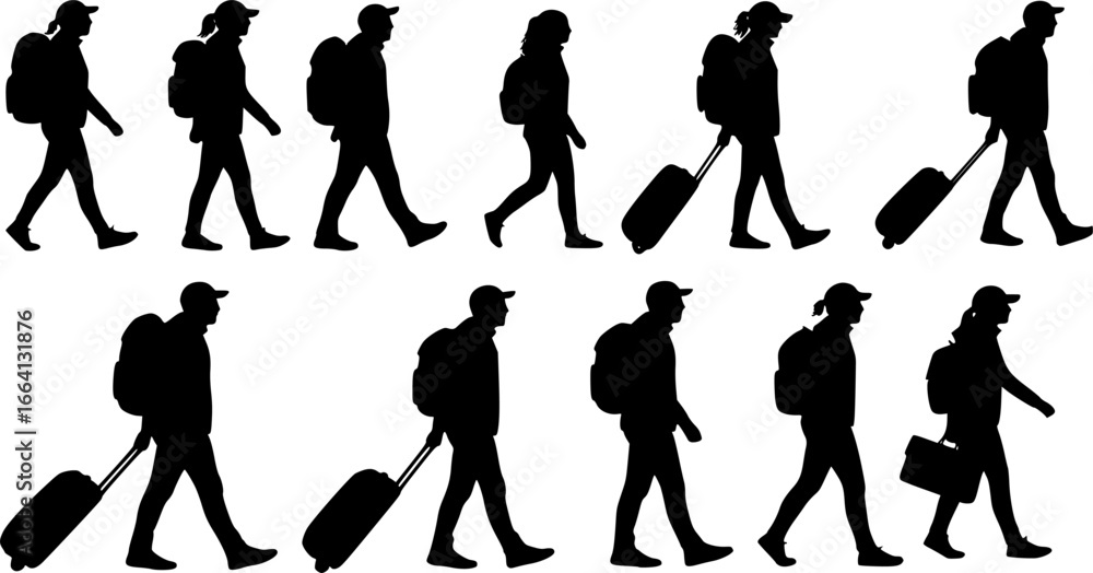 Fototapeta premium silhouettes of people walking , Silhouettes of people walking with luggage and bags travel on transparent background , no background 