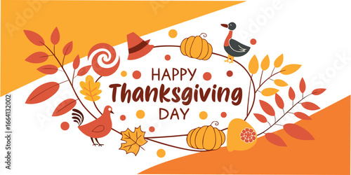 Celebrate the bountiful harvest season with a festive Happy Thanksgiving design featuring pumpkins, turkeys, and autumn leaves