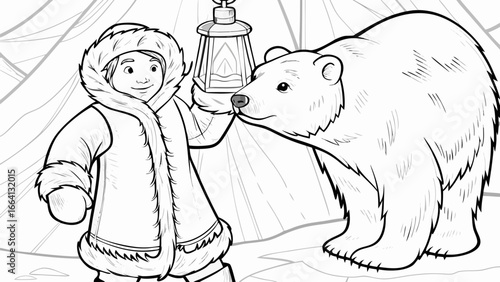 Illustration of a boy in winter clothing holding a lantern next to a polar bear in a snowy landscape silhouette