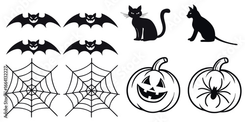 Spooky Halloween elements featuring black cats, bats, cobwebs, and jack-o'-lanterns perfect for festive decorations and designs.