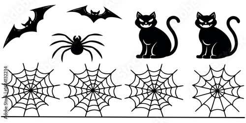 Frighteningly fun Halloween icons featuring spooky black cats, bats, spiders, and cobwebs for festive celebrations