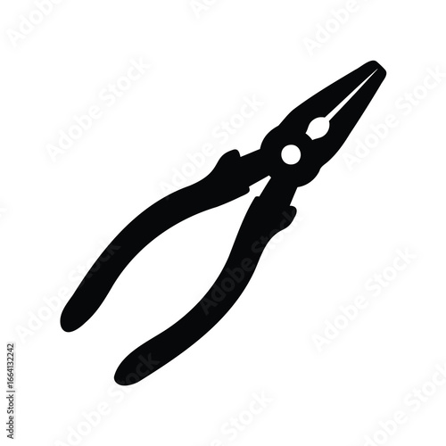 Black silhouette vector icon of a single pair of needle-nose pliers, ideal for construction, repair, and DIY projects, isolated on a white background.