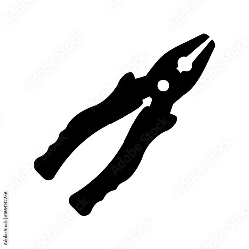 Black silhouette of a single pair of pliers, a versatile hand tool for gripping and cutting, isolated on a clean white background, ideal for construction, repair, and DIY projects.