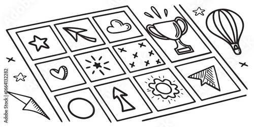 Doodle style board game elements like trophy, stars, heart, arrows, and hot air balloon create a playful, creative visual for any project.