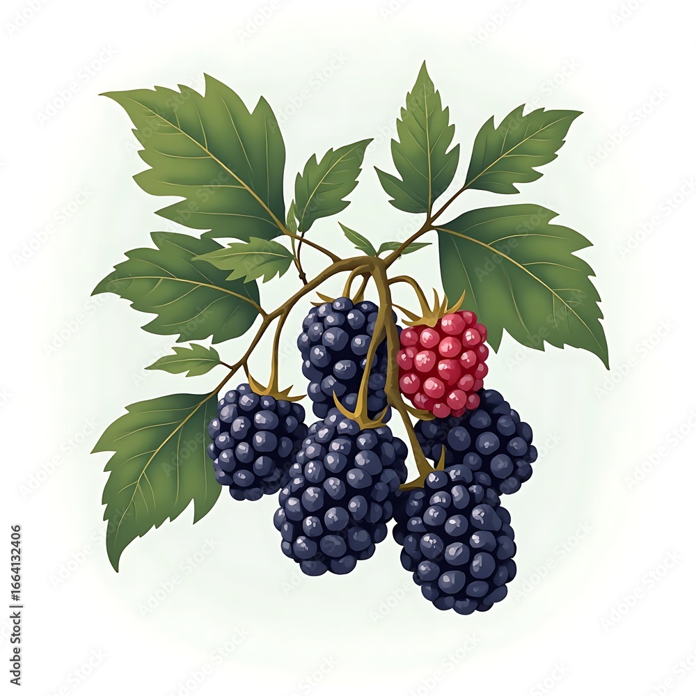 Fototapeta premium Blackberry Branch with Leaves and Ripe Berries