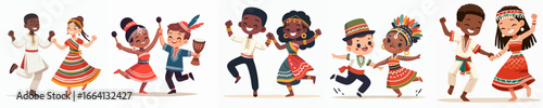 Cartoon Handdrawn Multicultural Children Dancing in Traditional Clothes Illustration Asset