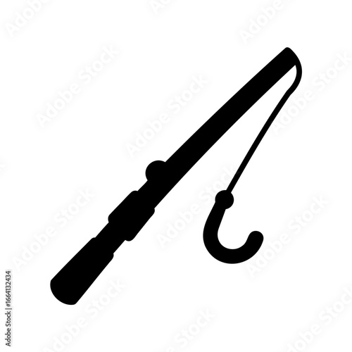 Simple black silhouette vector icon of a fishing rod with a hook, perfect for outdoor recreation, hobby, and sport-related designs, websites, and marketing materials.