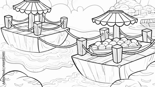 Illustration of floating market boats with canopies and goods in a monochrome outline style drawing style silhouette