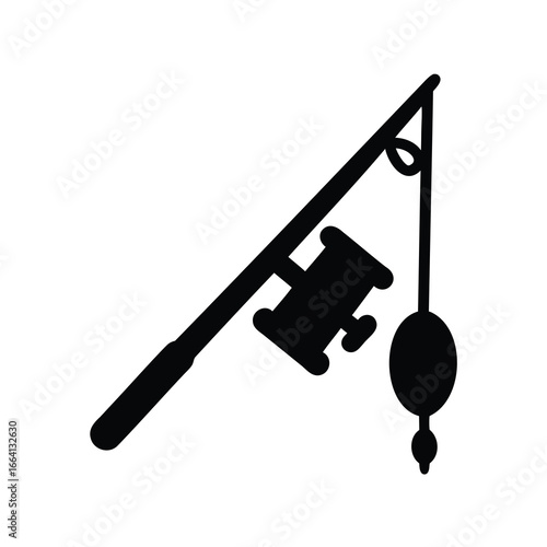 Black fishing rod silhouette icon with reel and float - Minimal black vector illustration of a fishing rod with reel and float, representing angling gear, outdoor recreation, and sport fishing equipme
