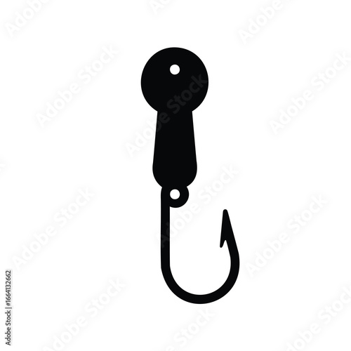 Black fishing hook silhouette icon for angling and bait - Minimal black vector illustration of a fishing hook, symbolizing angling, bait, fish catching, outdoor sport, and fishing equipment in simple 